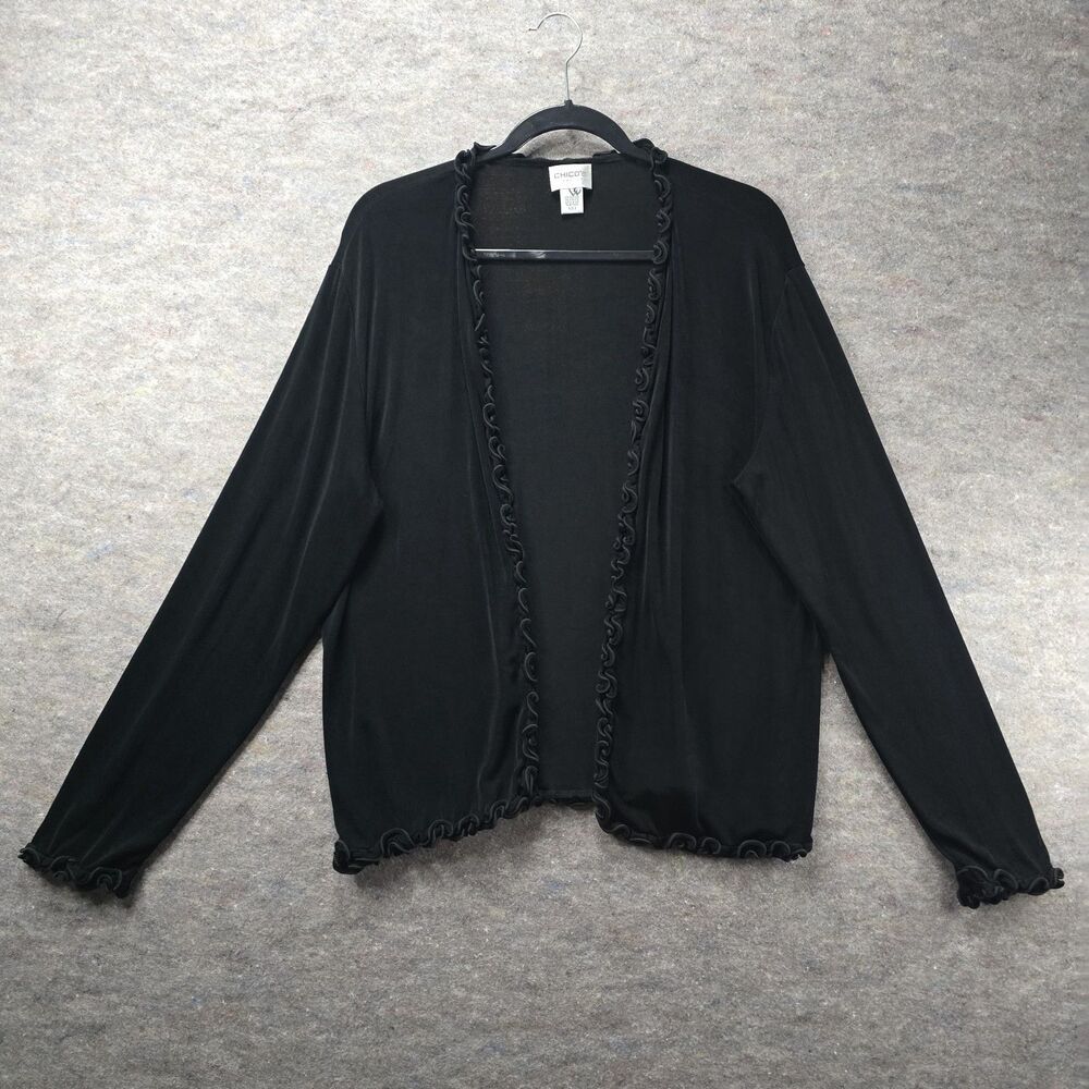 Chico's Travelers Cardigan Open Front Ruffle Trim Black Sz 3 (XL) Stretch Staple